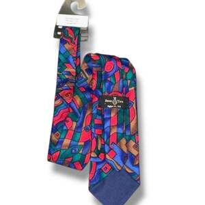 Beau Ties Amherst NH Boys Necktie Blue Red Geometric Silk Tie Ages 7-10 45" Gift